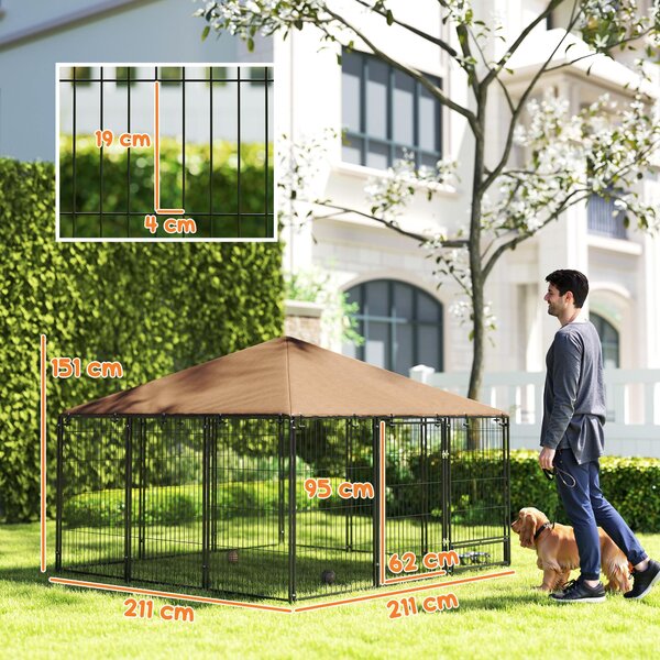 PawHut Tarc Câini din Metal cu Ușă pentru Bol, Padoc caine pentru Exterior cu Acoperiș din țesătură Oxford, 211x211x151 cm, Negru | Aosom Romania