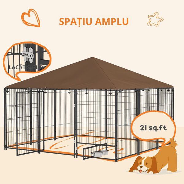 PawHut Tarc Câini din Metal cu Ușă pentru Bol, Padoc caine pentru Exterior cu Acoperiș din țesătură Oxford, 211x211x151 cm, Negru | Aosom Romania