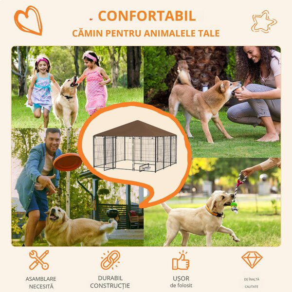 PawHut Tarc Câini din Metal cu Ușă pentru Bol, Padoc caine pentru Exterior cu Acoperiș din țesătură Oxford, 211x211x151 cm, Negru | Aosom Romania