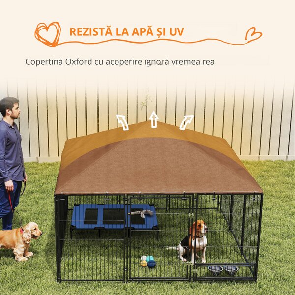 PawHut Tarc Câini din Metal cu Ușă pentru Bol, Padoc caine pentru Exterior cu Acoperiș din țesătură Oxford, 211x211x151 cm, Negru | Aosom Romania