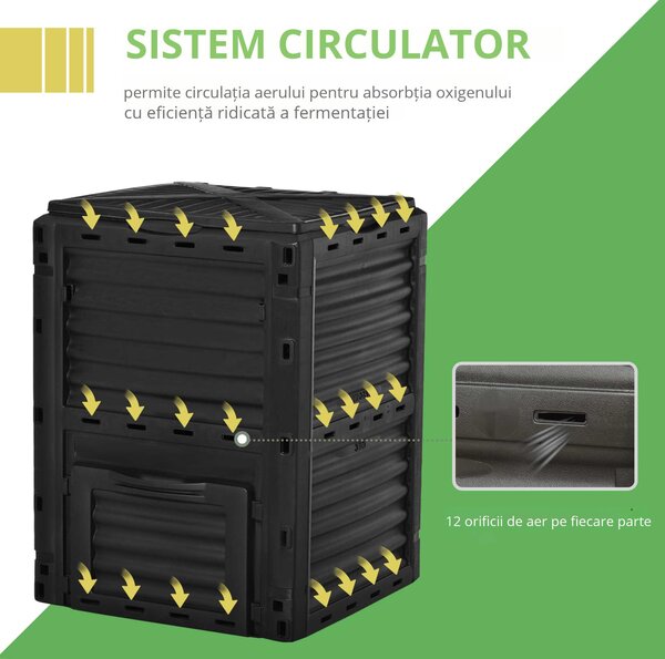 Outsunny Compostor de Grădină 300L din Plastic, cu Capac, Ușor de Asamblat, Negru | Aosom Romania