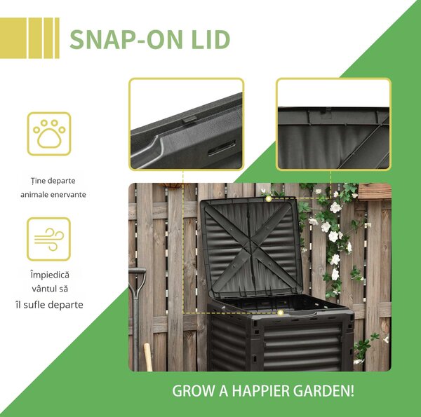 Outsunny Compostor de Grădină 300L din Plastic, cu Capac, Ușor de Asamblat, Negru | Aosom Romania