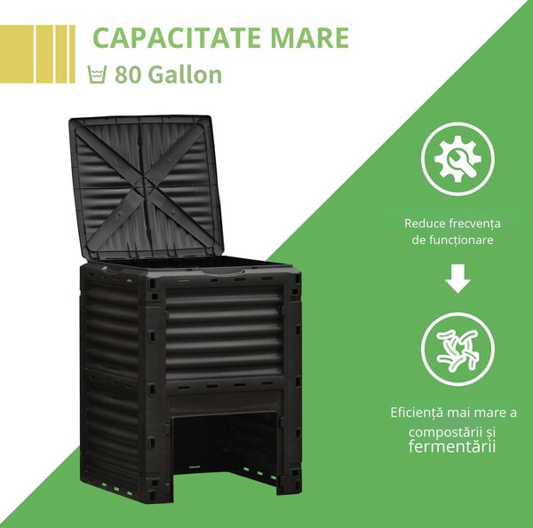 Outsunny Compostor de Grădină 300L din Plastic, cu Capac, Ușor de Asamblat, Negru | Aosom Romania