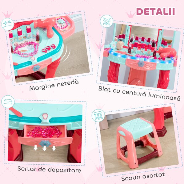 AIYAPLAY Masă de Machiaj pentru Fetițe cu Scăunel, Oglindă, Lumini și Accesorii, 57x34x76 cm, Multicolor | Aosom Romania