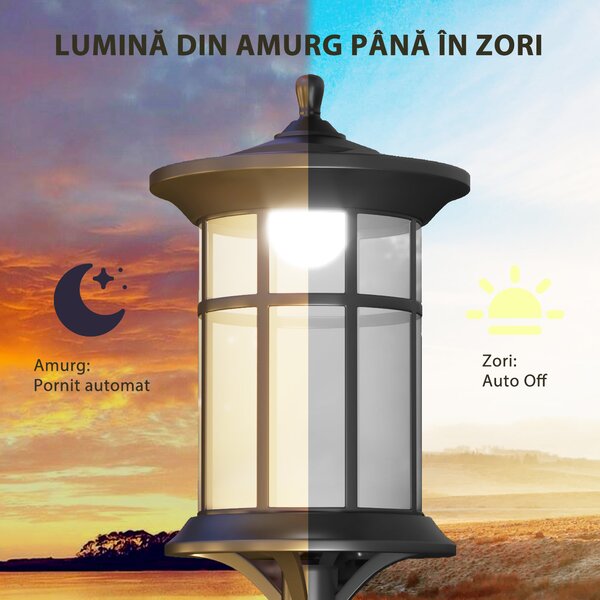 Outsunny Felinar Solar de Grădină și Alei cu Autonomie 6h, Montaj pe Sol, Felinar din ABS și Policarbonat, Rezistent la Apă IP44, pentru Terasă, Grădină, Alei, 17x17x127 cm, Negru | Aosom Romania