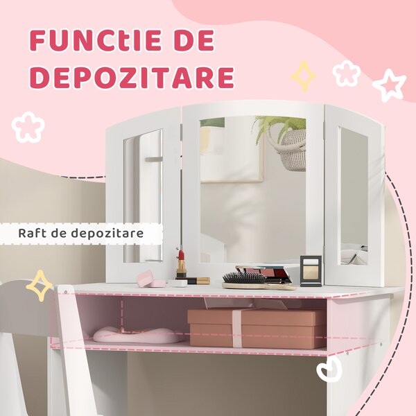 AIYAPLAY Set de Machiaj pentru Fetițe de 3-6 ani cu Oglindă Triplă Detașabilă și Scaun din Lemn, 80x49x108 cm, Alb | Aosom Romania