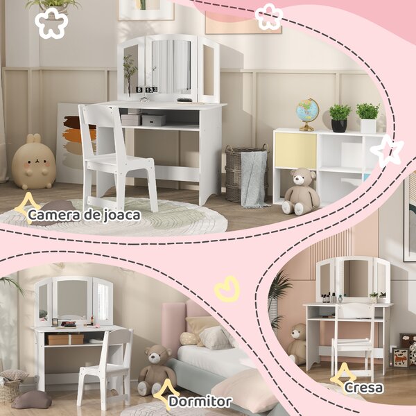AIYAPLAY Set de Machiaj pentru Fetițe de 3-6 ani cu Oglindă Triplă Detașabilă și Scaun din Lemn, 80x49x108 cm, Alb | Aosom Romania