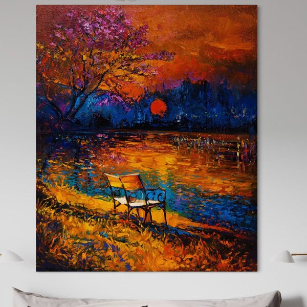 Tablou Canvas Premium LuxCanva® B1127, Apus Pe Lac , Culori, Lac, Banca, Living Room, Apus, Inspirational, Dormitor, Culori Vibrante