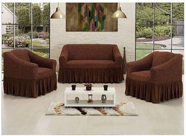 Set 3 Huse Elastice pentru Canapea de 3 Locuri + 2 Fotolii, Model Creponat Maro