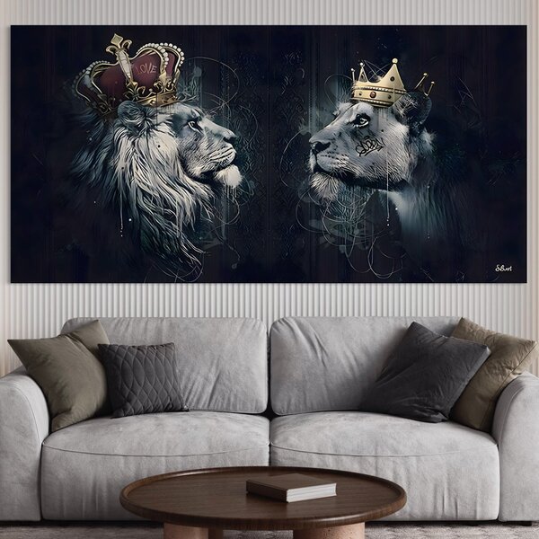Tablou Canvas Premium LuxCanva® B1091, Leu Si Leoaica , Living, Familie, Portret, Leu, Leoaica, Dormitor, Safari, Coroana, Negru Si Auriu