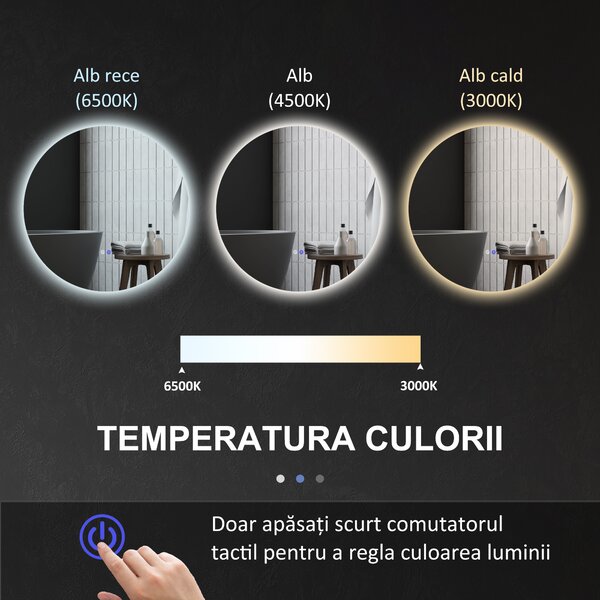 Kleankin Oglindă de Baie Rotundă cu Lumină LED în 3 Culori și Întrerupătoare Touch, Ø70x3,5 cm, Transparet | Aosom Romania