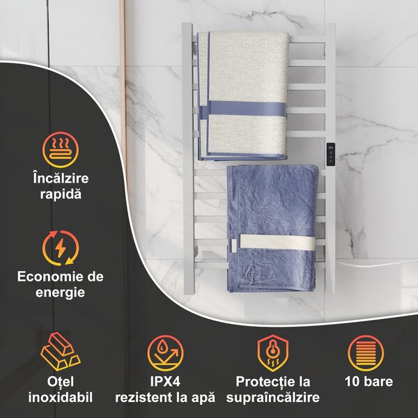 HOMCOM Uscător de Prosoape Electric cu 10 Bare, Timer, Afișaj LCD și Temperatură Reglabilă, 45x11x80 cm, Alb | Aosom Romania
