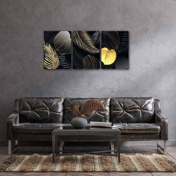 Impresi Tablou Gold and black flowers abstract - 150 x 70 cm (3-piese)