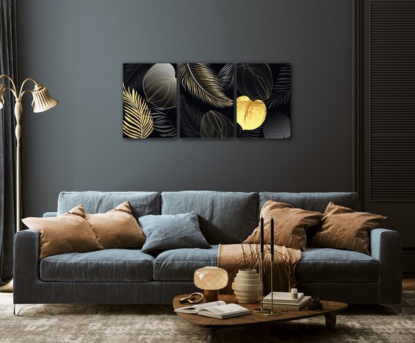 Impresi Tablou Gold and black flowers abstract - 150 x 70 cm (3-piese)