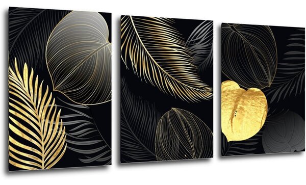 Impresi Tablou Gold and black flowers abstract - 150 x 70 cm (3-piese)