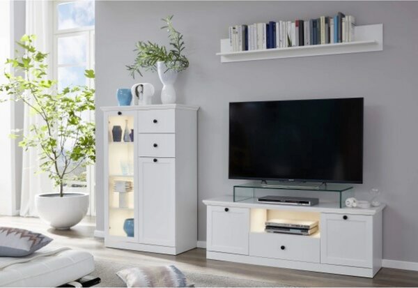 Vitrina living moderna BRANDSON, alb, PAL laminat, cu iluminare led, 8