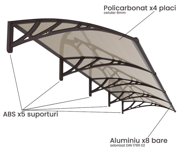 Copertina PREMIUM 360x120 cm, Policarbonat 6 mm, Suporturi din ABS, Maro/Bronz