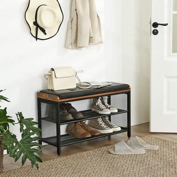 Banca Pantofi Model Alvaro, Maro rustic / Negru, 80x30x48 cm
