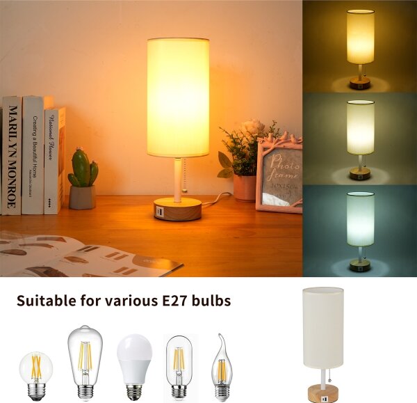 Brilagi - Lampă de masă TABLON cu port USB, 1xE27/25W/230V, stejar/alb/crem