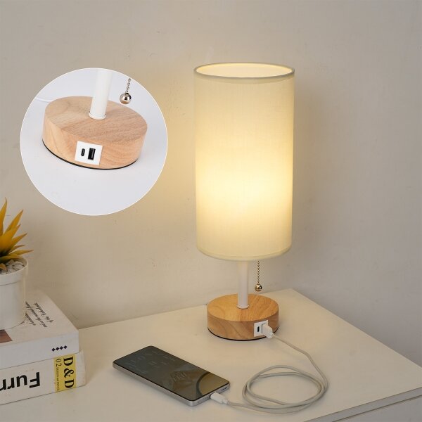 Brilagi - Lampă de masă TABLON cu port USB, 1xE27/25W/230V, stejar/alb/crem