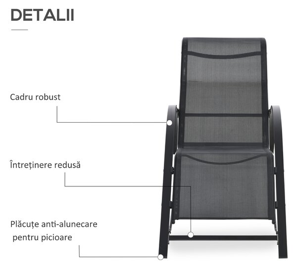 Outsunny Set 2 sezlonguri si masuta cu blat din sticla, sezlong pentru gradina din material respirabil si metal, 59x169x66 cm, negru