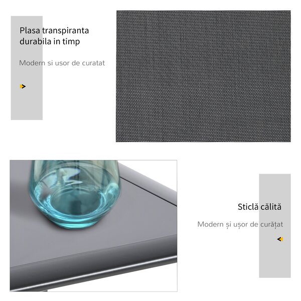 Outsunny Set 2 sezlonguri si masuta cu blat din sticla, sezlong pentru gradina din material respirabil si metal, 59x169x66 cm, negru