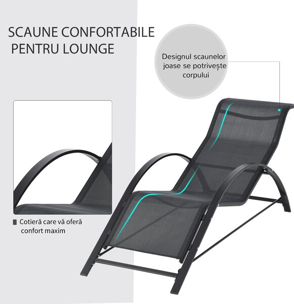 Outsunny Set 2 sezlonguri si masuta cu blat din sticla, sezlong pentru gradina din material respirabil si metal, 59x169x66 cm, negru