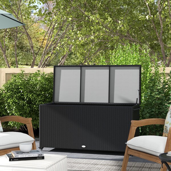 Outsunny Cutie de Depozitare pentru Exterior cu Roți, Bară Pneumatică de Ridicare și Mâner Lateral, 121x57x67 cm, Negru | Aosom Romania