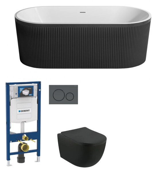 Set cada freestanding ovala 3D, vas wc rimless cu capac soft close, rezervor incastrat si clapeta neagra