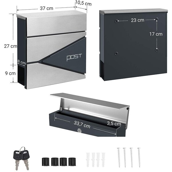 Cutie poștală modernă cu suport pentru ziare 10,5x37x37 cm, antracit și argintiu