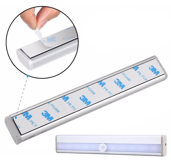 Lampa LED cu senzor miscare, 10 leduri, 80lm, 1W, 19 x 3 x 1,7cm, alb