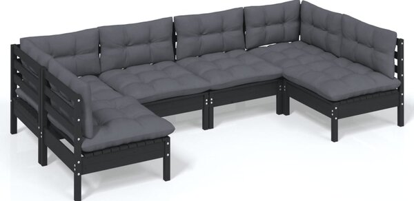 Set mobilier grădină cu perne, 6 piese, negru, lemn masiv pin