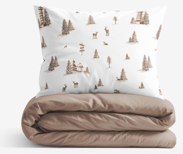 Goldea lenjerie de pat din 100% bumbac duo - peisaj montan cu maro cafea 160 x 200 și 2buc 50 x 70 cm