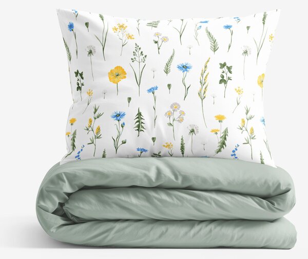 Goldea lenjerie de pat din 100% bumbac duo - pajiște românească cu verde salvie 150 x 200 și 50 x 60 cm