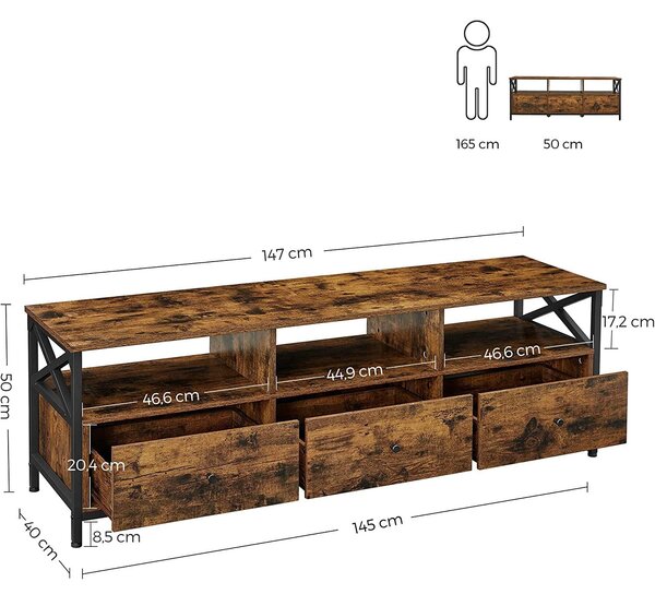 Suport TV cu 3 sertare și rafturi de depozitare, 147 x 50 x 40 cm, rustic