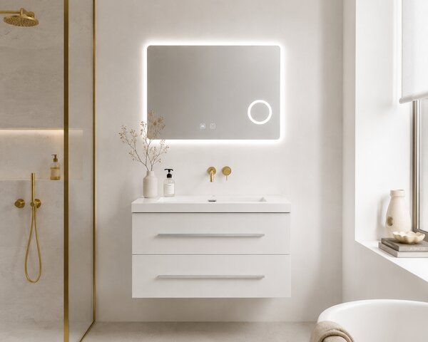 Set Mobilier Baie Efes 80 cm oglinda cu LED, lavoar compozit inclus, MDF total