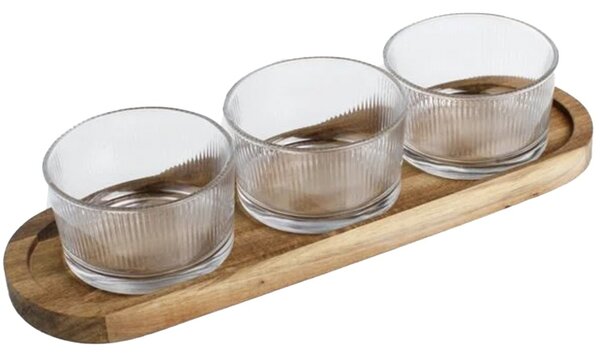 Set 3 boluri din sticla Pufo Ellegance cu suport din lemn pentru aperitive, gustari, fructe