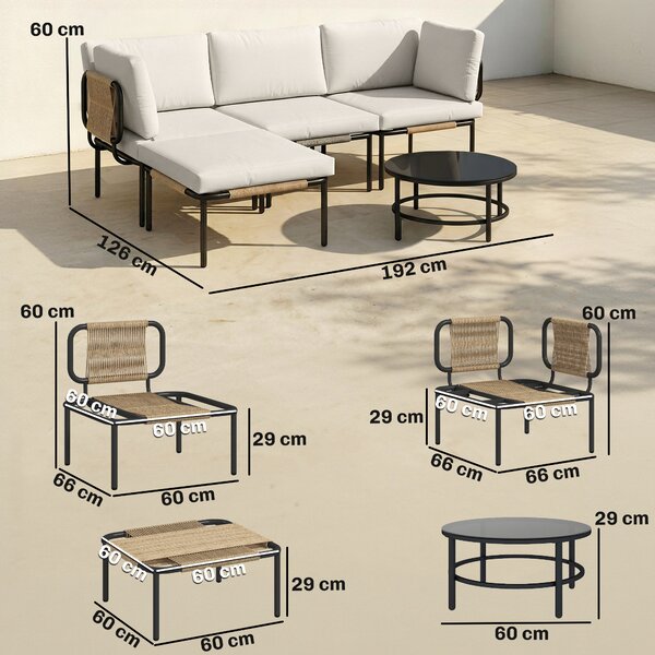 Outsunny Set Grădină, 5 Piese, Rattan Modular în L cu Perne, Culoare Bej | Aosom Romania
