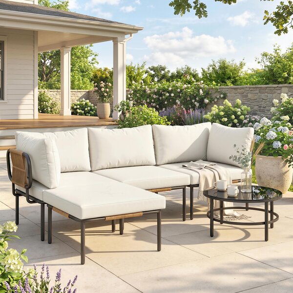 Outsunny Set Grădină, 5 Piese, Rattan Modular în L cu Perne, Culoare Bej | Aosom Romania