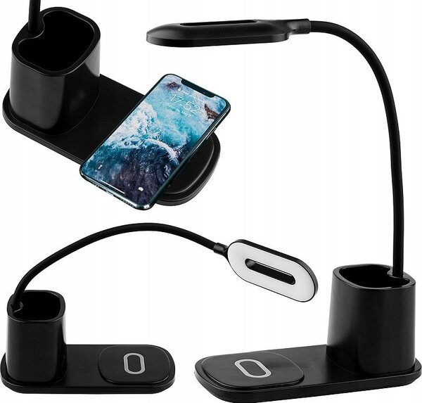 Lampa de birou LED flexibila, 30W, incarcator QI, buton tactil, 3 moduri iluminare, organizator pixuri