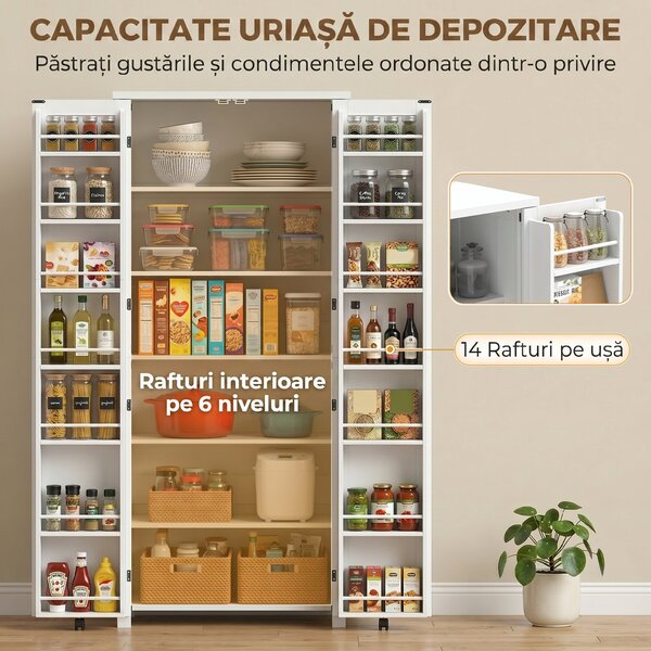 HOMCOM Dulap Modern de Bucătărie: Roți, 2 Uși, 14 Suporturi, Alb. | Aosom Romania