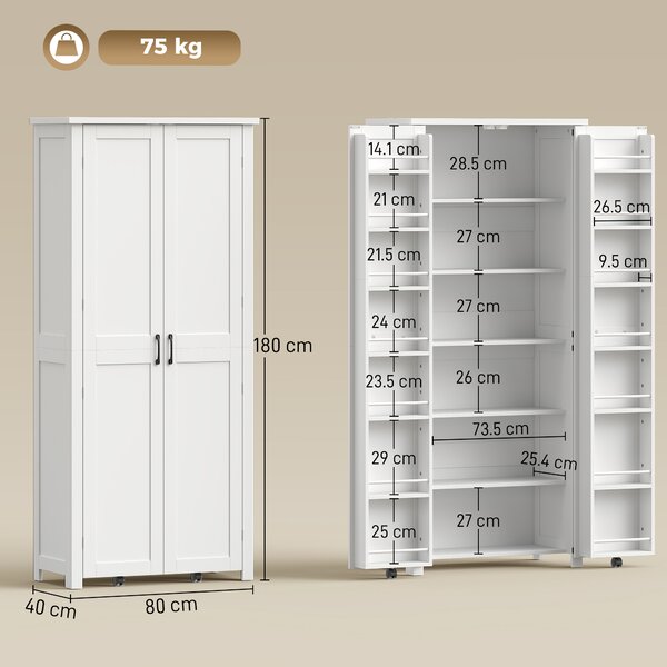 HOMCOM Dulap Modern de Bucătărie: Roți, 2 Uși, 14 Suporturi, Alb. | Aosom Romania