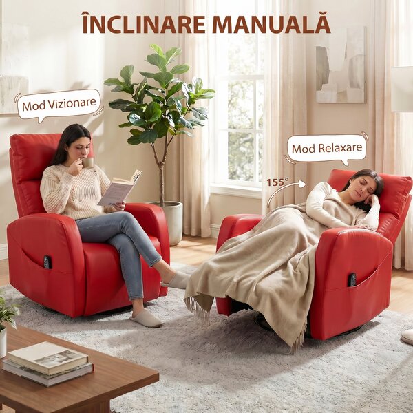 HOMCOM Fotoliu Masaj Reclinabil Cu Încălzire, Gireabil Din Piele PU Cu Suport Pentru Picioare și Telecomandă, Roșu | Aosom Romania