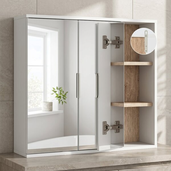 HOMCOM Dulap cu Oglinda din MDF si PAL, Dulap de Baie cu 3 Rafturi Laterale si Raft Interior Reglabil, 60x14.5x49.4 cm, Alb si Lemn Natur | Aosom RO