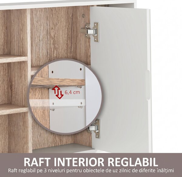 HOMCOM Dulap cu Oglinda din MDF si PAL, Dulap de Baie cu 3 Rafturi Laterale si Raft Interior Reglabil, 60x14.5x49.4 cm, Alb si Lemn Natur | Aosom RO