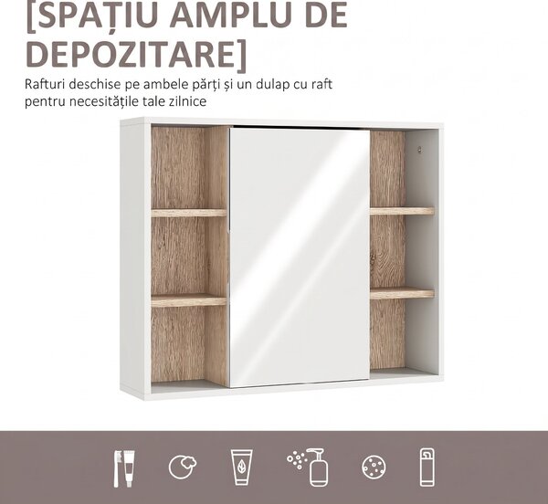 HOMCOM Dulap cu Oglinda din MDF si PAL, Dulap de Baie cu 3 Rafturi Laterale si Raft Interior Reglabil, 60x14.5x49.4 cm, Alb si Lemn Natur | Aosom RO