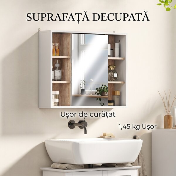 HOMCOM Dulap cu Oglinda din MDF si PAL, Dulap de Baie cu 3 Rafturi Laterale si Raft Interior Reglabil, 60x14.5x49.4 cm, Alb si Lemn Natur | Aosom RO