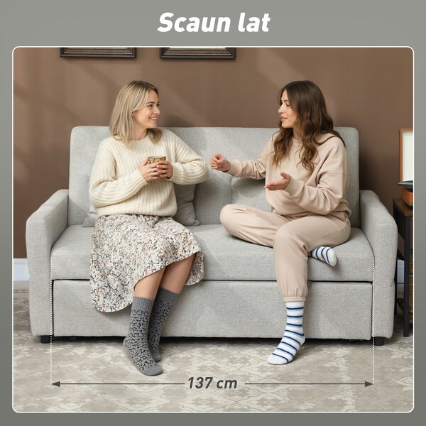 HOMCOM Canapea Pat cu Design Extensibil Clic Clac pentru 2 Locuri - Gri Deschis | Aosom Romania