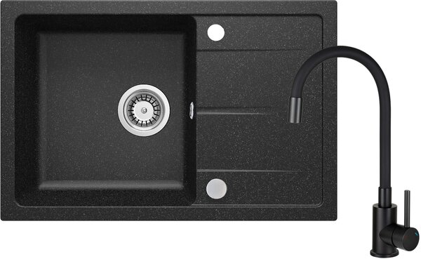 Deante Leda, chiuveta blat granit 1 camera 670x440x164 mm + baterie chiuveta cu brat flexibil N72M negru + sifon, negru, ZRDP2113