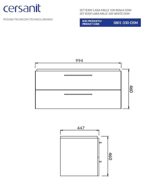 Cersanit Mille, set dulap suspendat si chiuveta 100cm, alb lucios, S801-330-DSM